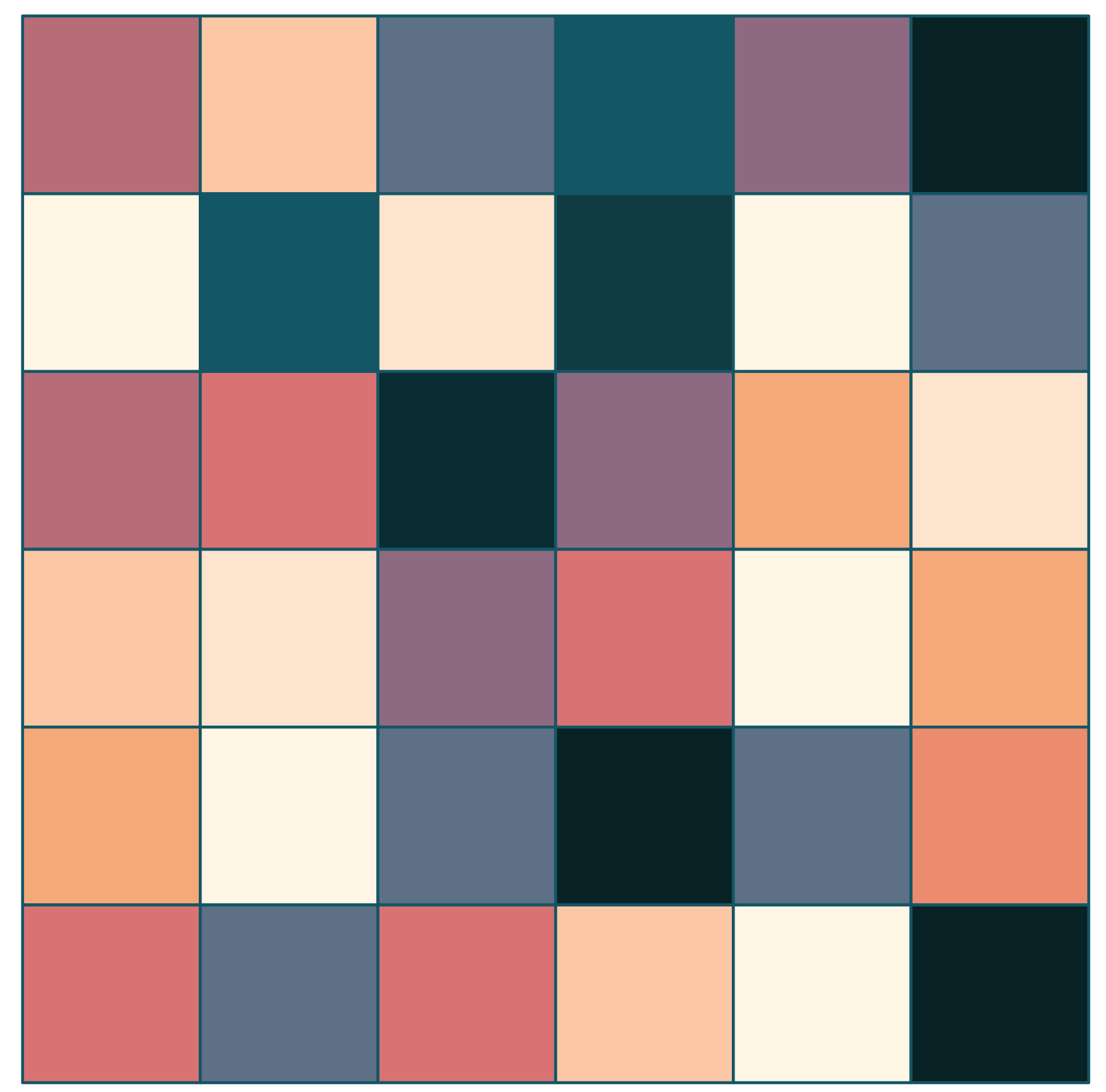A square split 6x6 colored peach, purple, teal, and pink