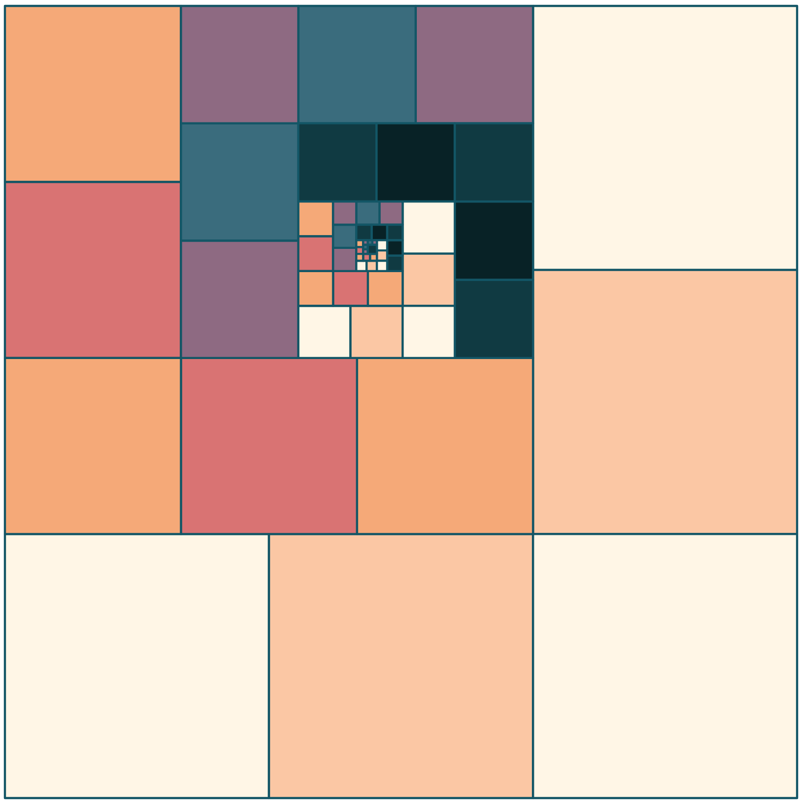 Spiraling L shapes made of squares get smaller inward with teal, peach, pink and purples.