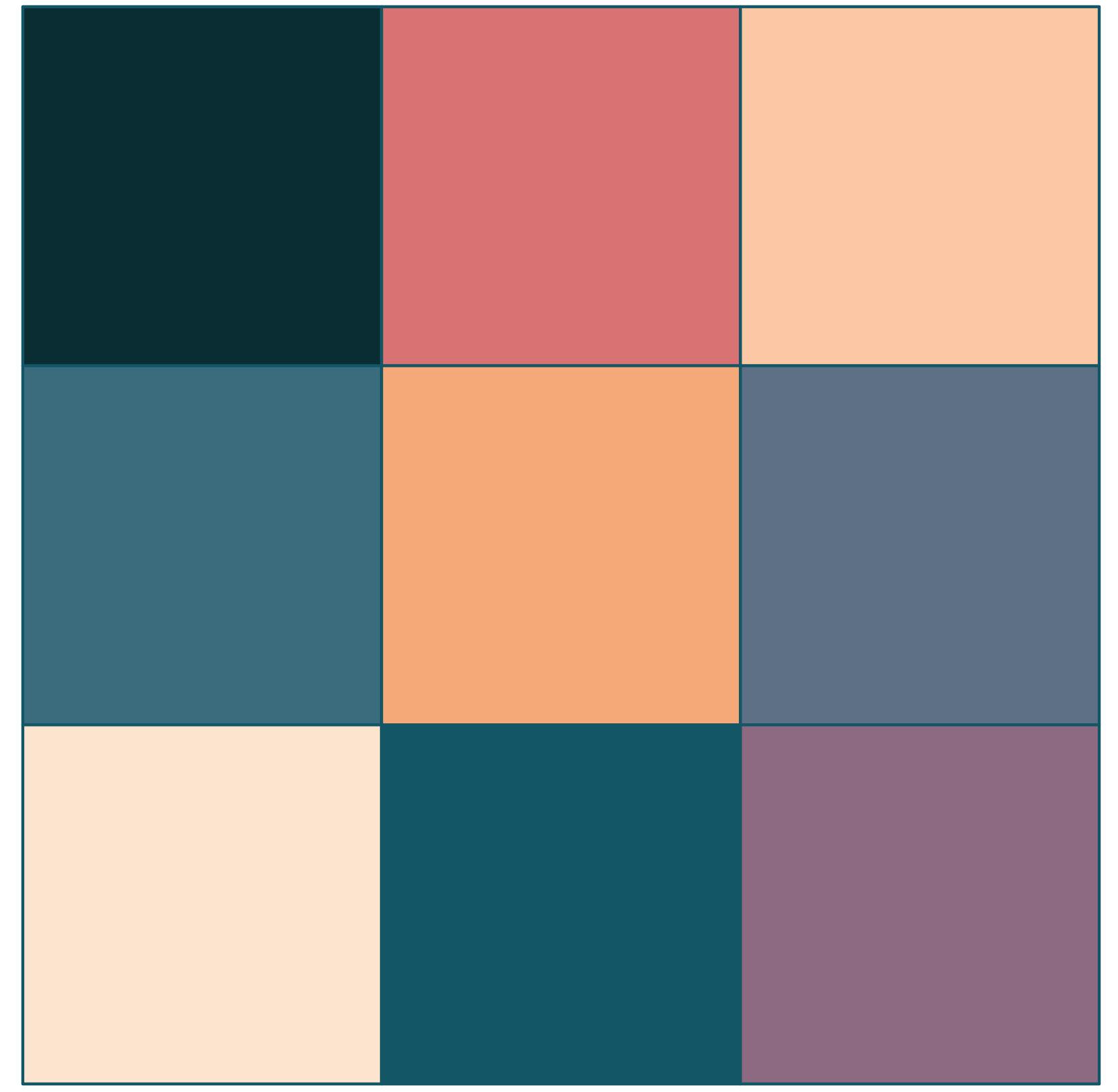 A square split 3x3 colored with peaches, teals, purples, and pinks.
