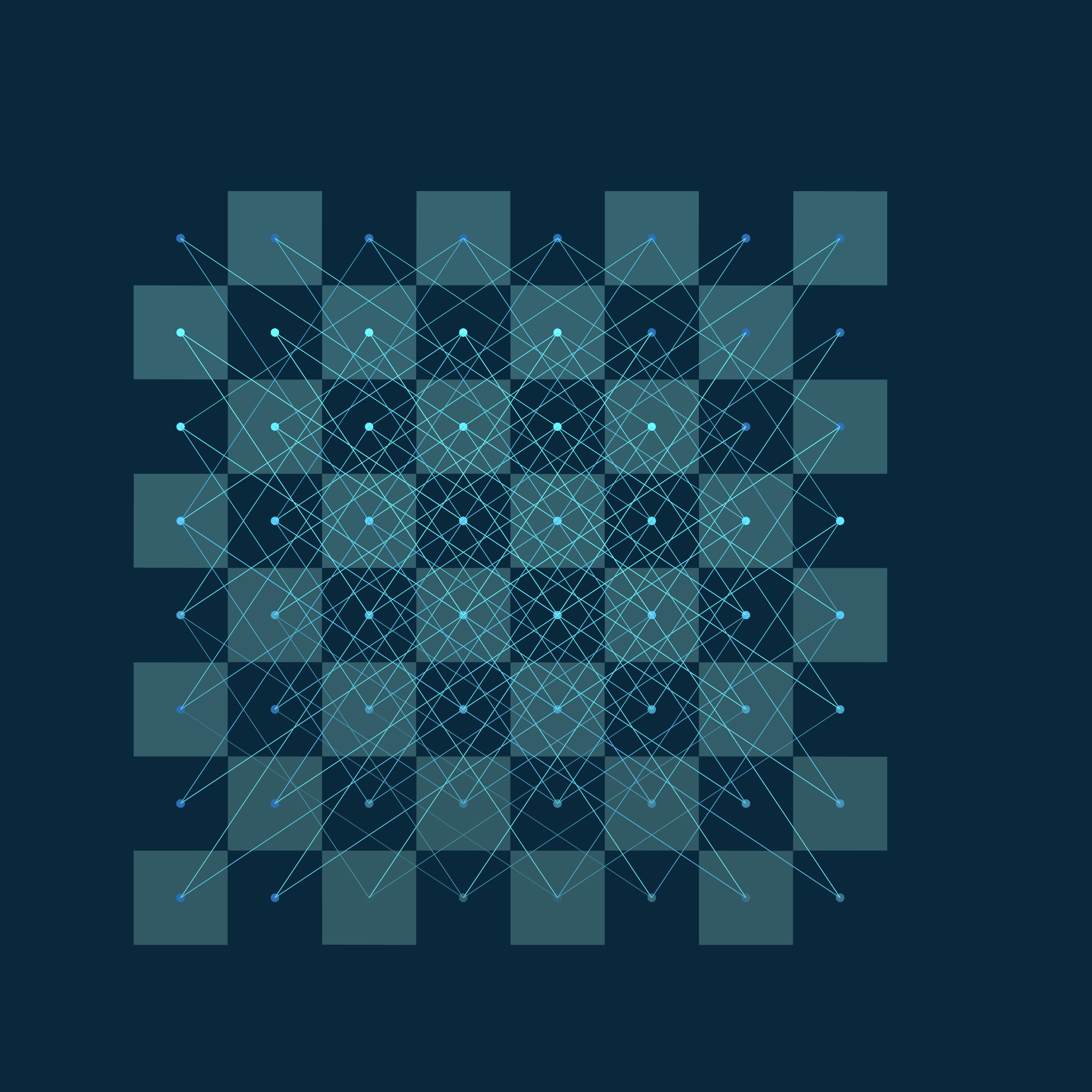A chessboard with all lines that connect squares that are 2 then 3 moves apart with shades of teal on a dark teal chessboard.