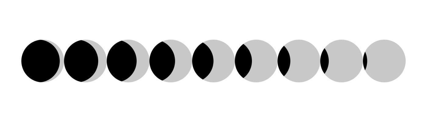 9 circles shaded with black lenses and grey lunes showing the intersecting of a same sized circle in a row.