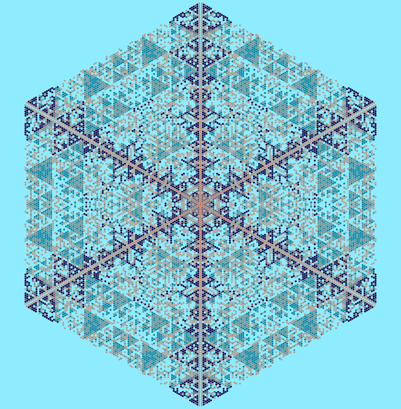 A hexagon with triangles of blues and peaches symmetrically placed throughout creating strong lines of diamons on the center to vertex lines. On a blue background.