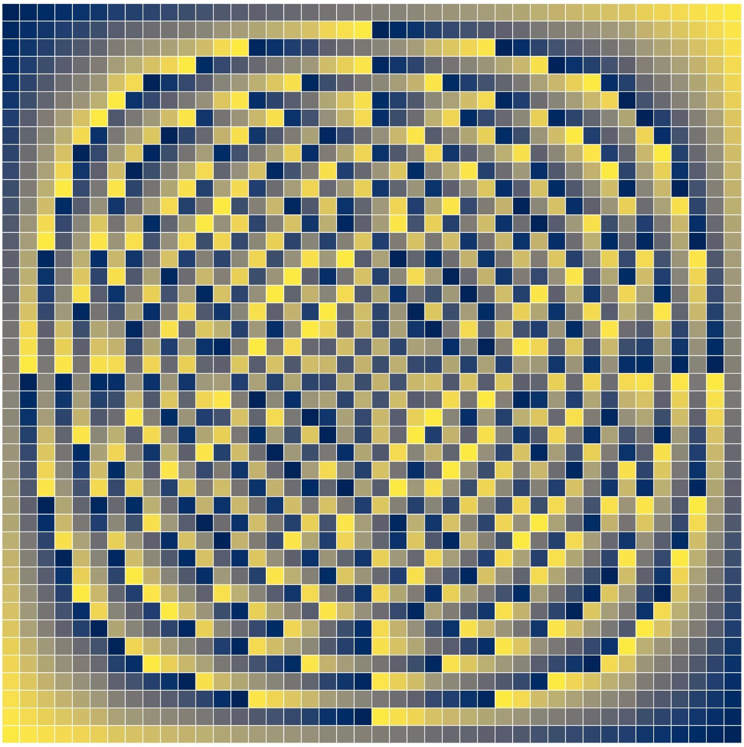 49x49 grid with blue and yellow in the squares that create a reflective symmetry for circle and diamond-like patterns by shading by the remainder of 49 in the multiplication table. 