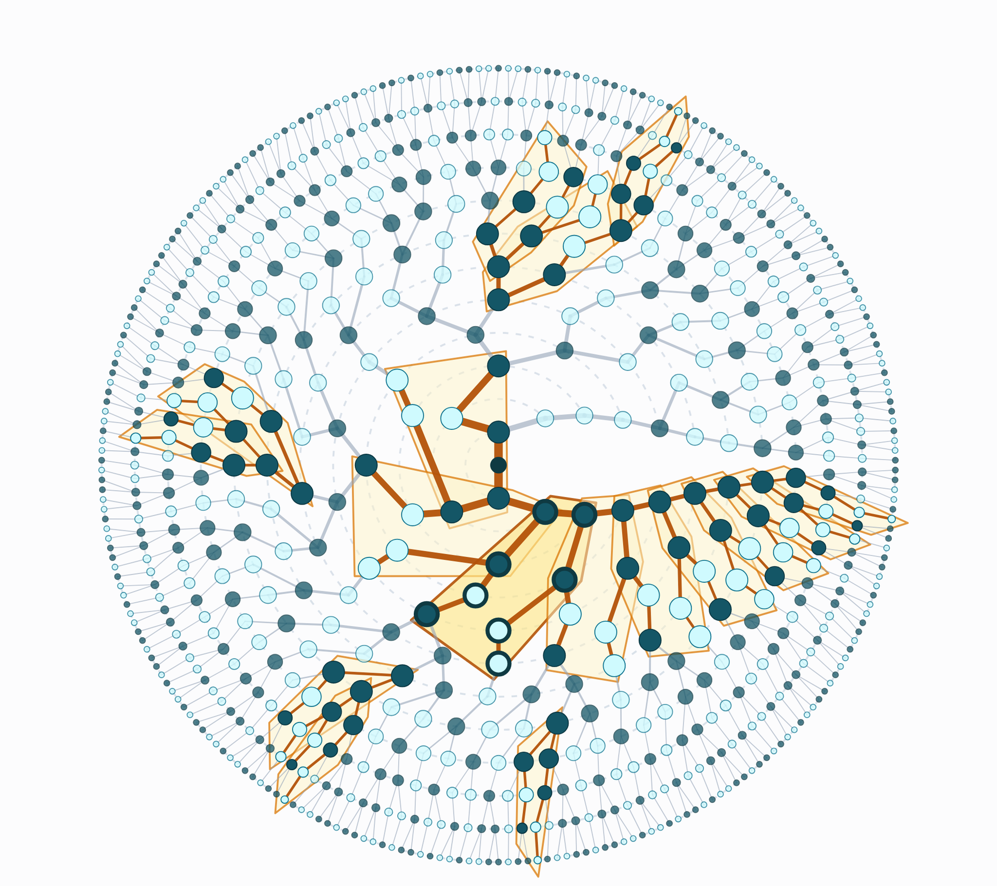 An abstract tree with repeating group patterns in a spiral highlighted in yellow.The shape faintly resembles a lobster. 