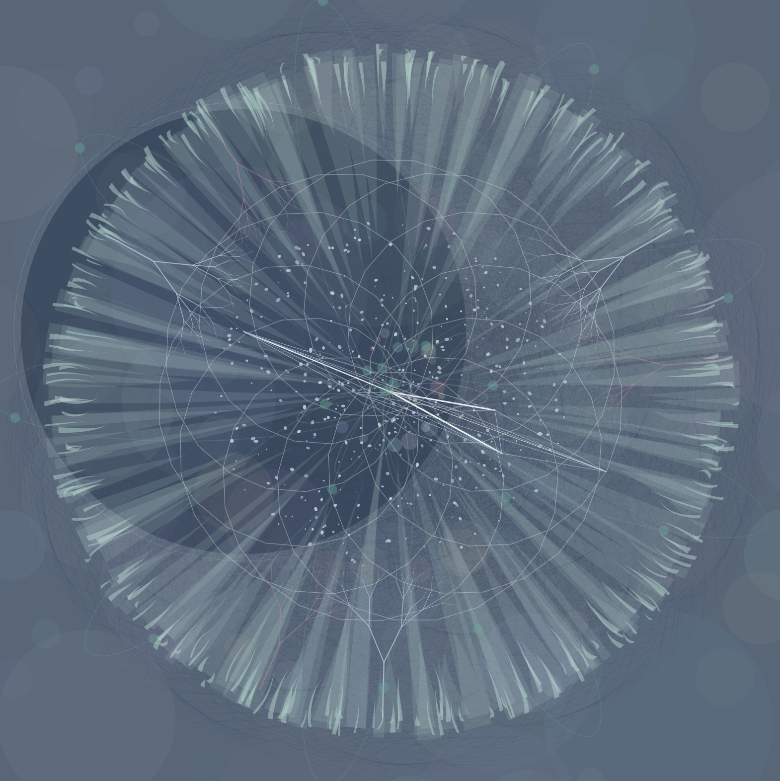 An abstract clock-like struture with circles, iris-like lines, circles, trees and more in a slate palette.