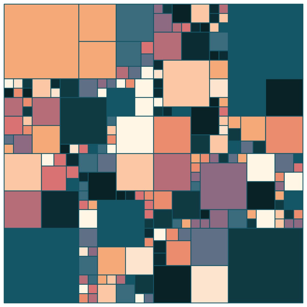 a Square made of many other sized squares and colored with purples, teals, peaches and pinks.