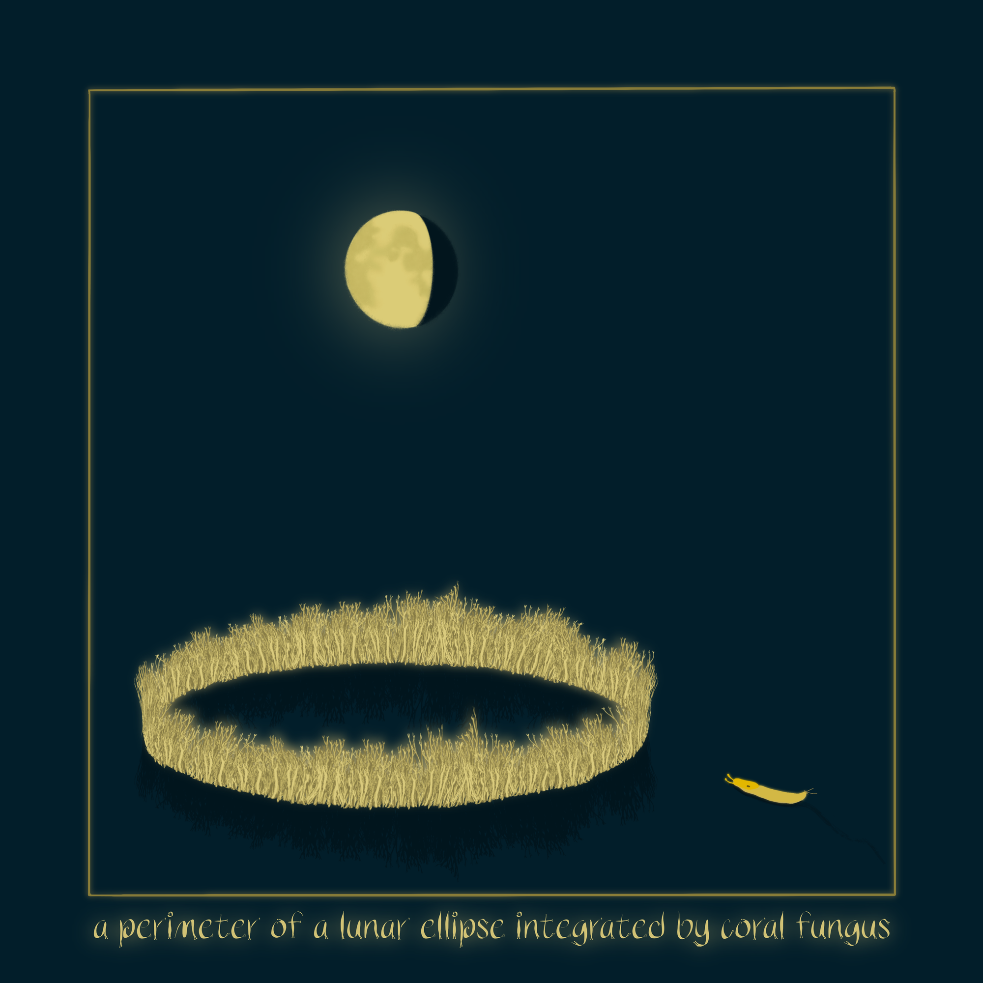 A moon at 67 percent illumination sits above an ellipse outlined by coral fungus with slight shadow on a dark teal background. A small banana slug moves toward the ellipse of coral fungus wit