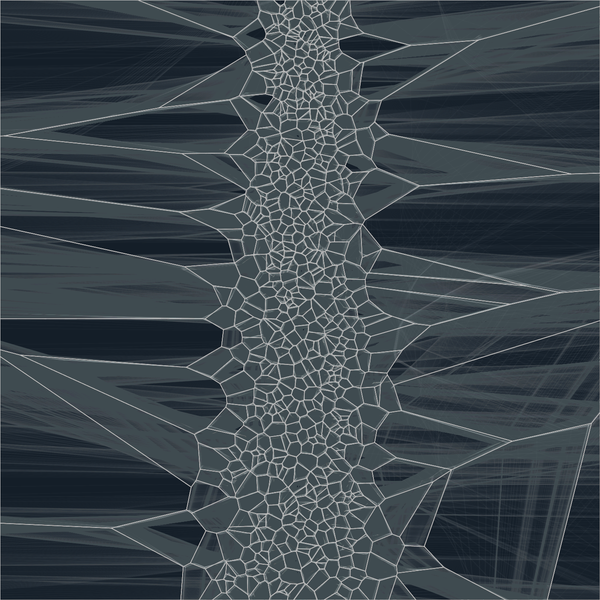voronoi diagram with small cells down a vertical line in the center and large cells at the right and left edges