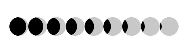 9 circles shaded with black lenses and grey lunes showing the intersecting of a same sized circle in a row.