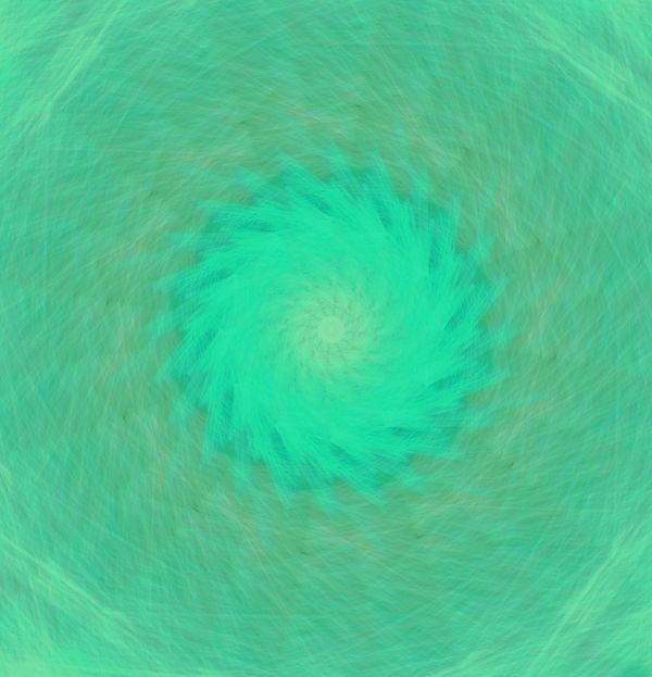a green and blue 12-rotational symmetry mandala wit sketch-like texture that almost looks like water. There is brighter greens in the center and strokes of varoius colors throughout. 