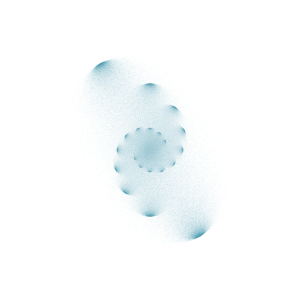 A double spiral made of arcs with spray paint-like patterns fanning out from arcs on a white background and teal paint. 