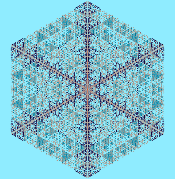 A hexagon with triangles of blues and peaches symmetrically placed throughout creating strong lines of diamons on the center to vertex lines. On a blue background.