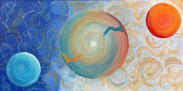 A painting with a large circle with two trees growing toward a center moon. Two circles in oppose in corners with rivers flowing from all. Blue and orange tones contrast from left to right.