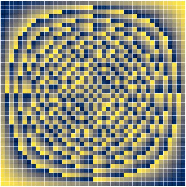 49x49 grid with blue and yellow in the squares that create a reflective symmetry for circle and diamond-like patterns by shading by the remainder of 49 in the multiplication table. 