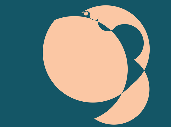 Arcs drawn and filled over a circle with under and over changes that makes a bumpy shape that is filled in with peach and teal on the outside. 