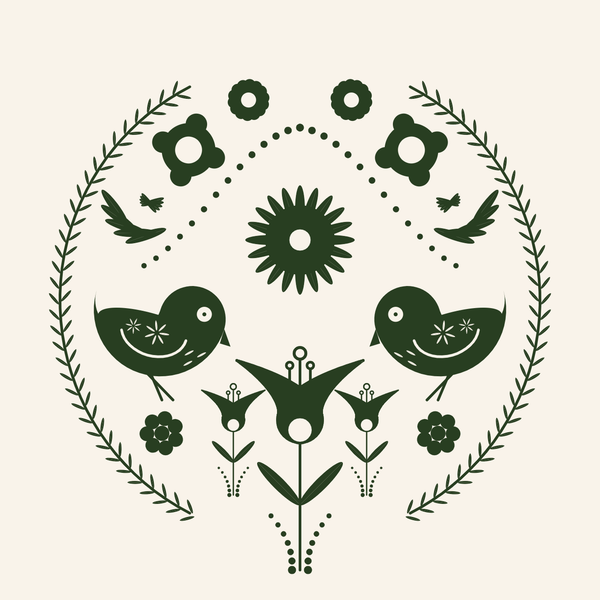 A folk art design with two birds, and flowers