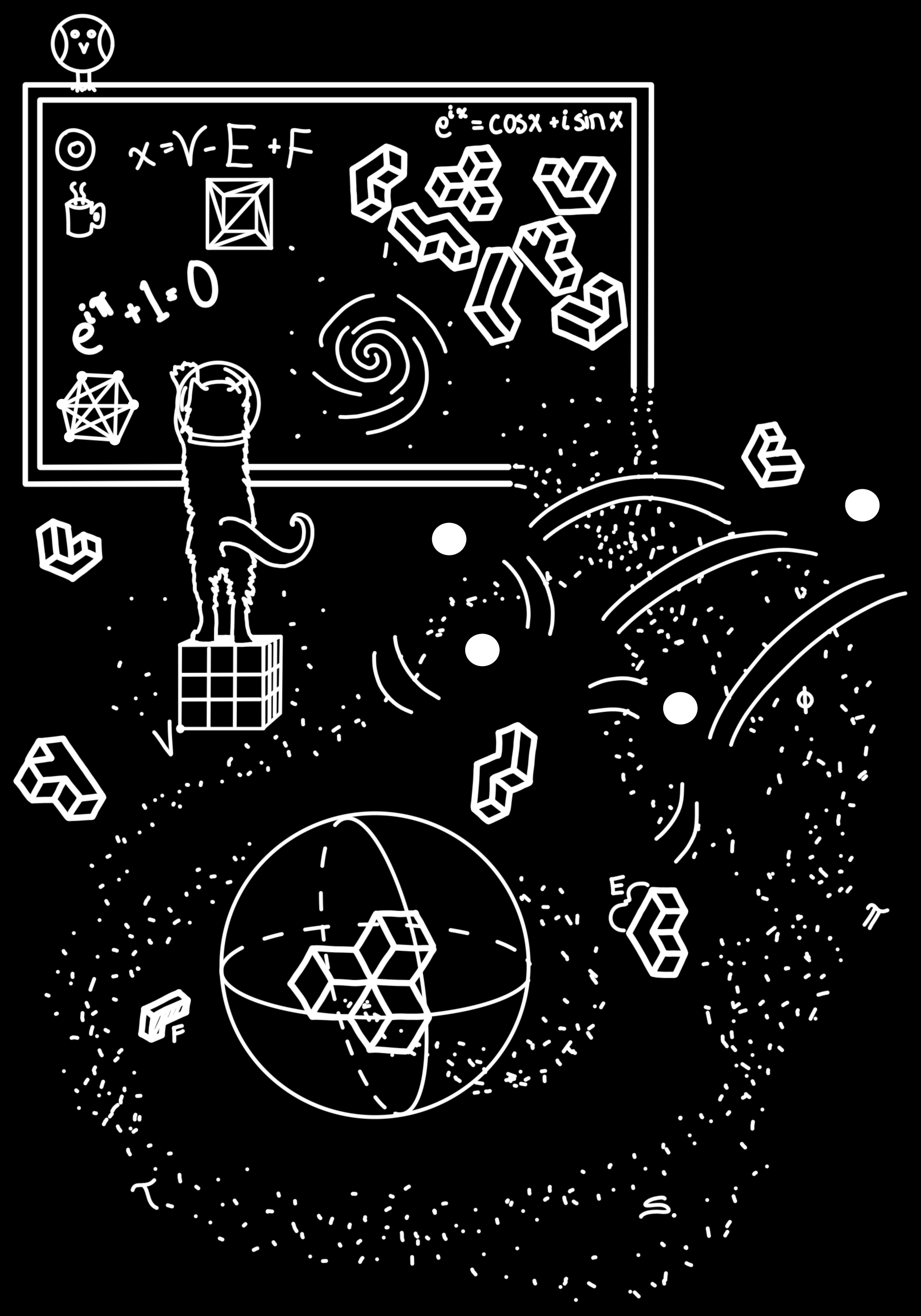 a kitty at a chalkboard in a helmet with elemetns of math all around including the soma cube, Eulers equation, rubiks cube, stars, bridges of konisberg and more