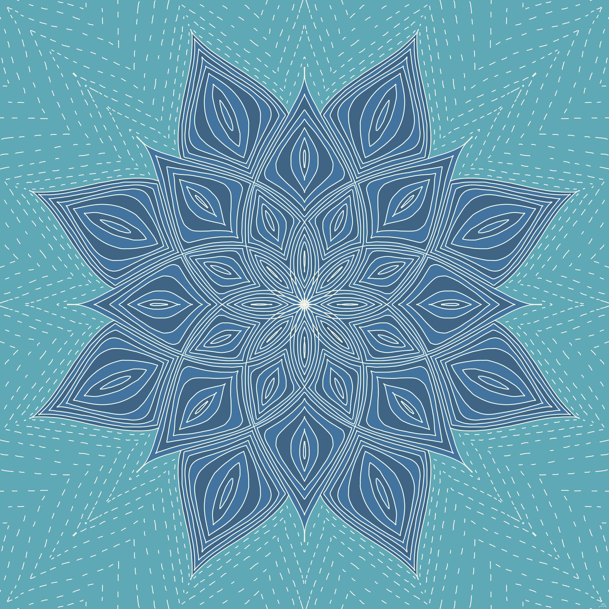 a blue symmetrical mandala drawing of 8 pedals repeated and getting larger. a lighter blue background with a dashed echo of the flower-like mandala.