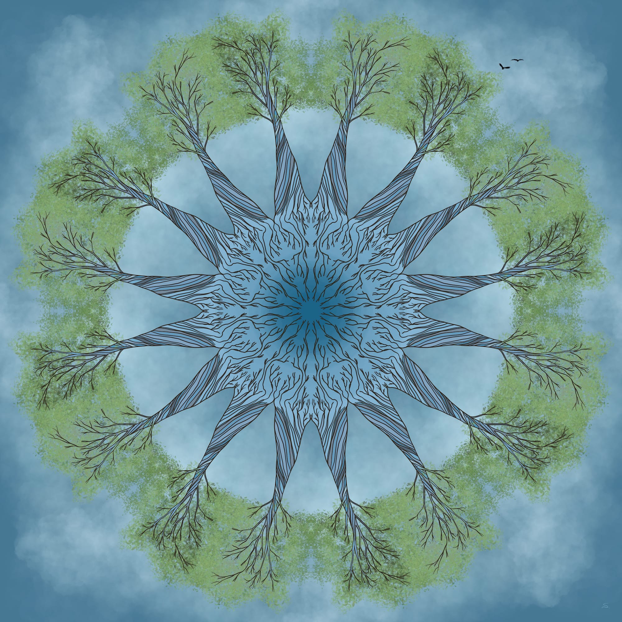 16 trees in a symmetrical circle with mostly blue hues and green leaves. Two birds fly in the upper right. Roots reflect into the center of the piece as the background blues grow deeper. A cloudy sky throughout." title="16 trees in a symmetrical circle with mostly blue hues and green leaves. Two birds fly in the upper right. Roots reflect into the center of the piece as the background blues grow deeper. A cloudy sky throughout.