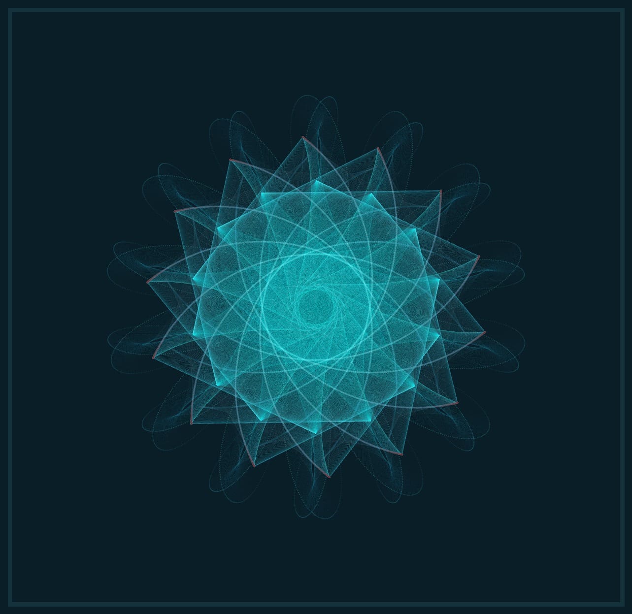 turquoise mandala on dark blue created from rotated double pendulums 