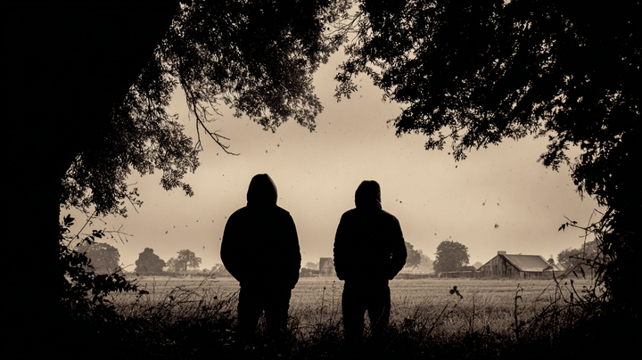 two men hiding near some trees looking out of farmland
