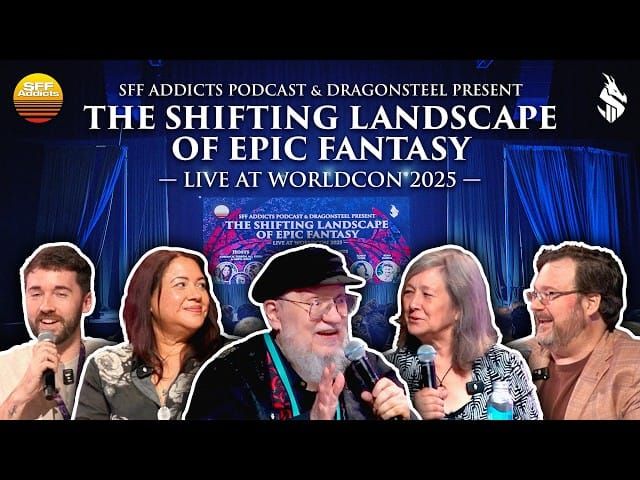 Podcast image from Worldcon 2025 with George R.R. Martin, Robin Hobb, ‪BrandSanderson‬, Rebecca Roanhorse and Ryan Cahill