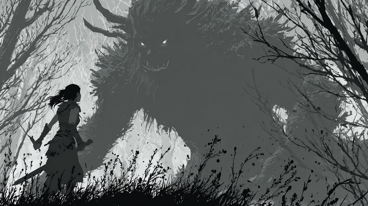 a woman is fighting a huge, looming monster