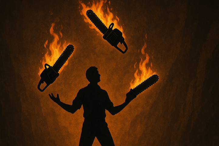 a man juggling three chainsaws that are on fire