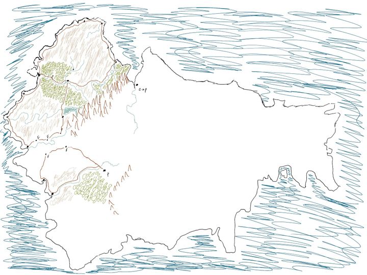 A traced map that I created for my book. The most detail is the north west, where my subject country is located
