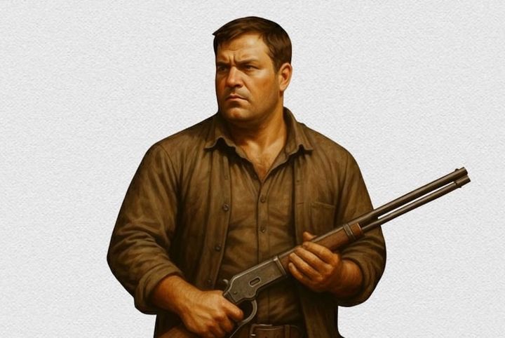 Mack Hawthorne wearing rough clothing and holding his lever action rifle