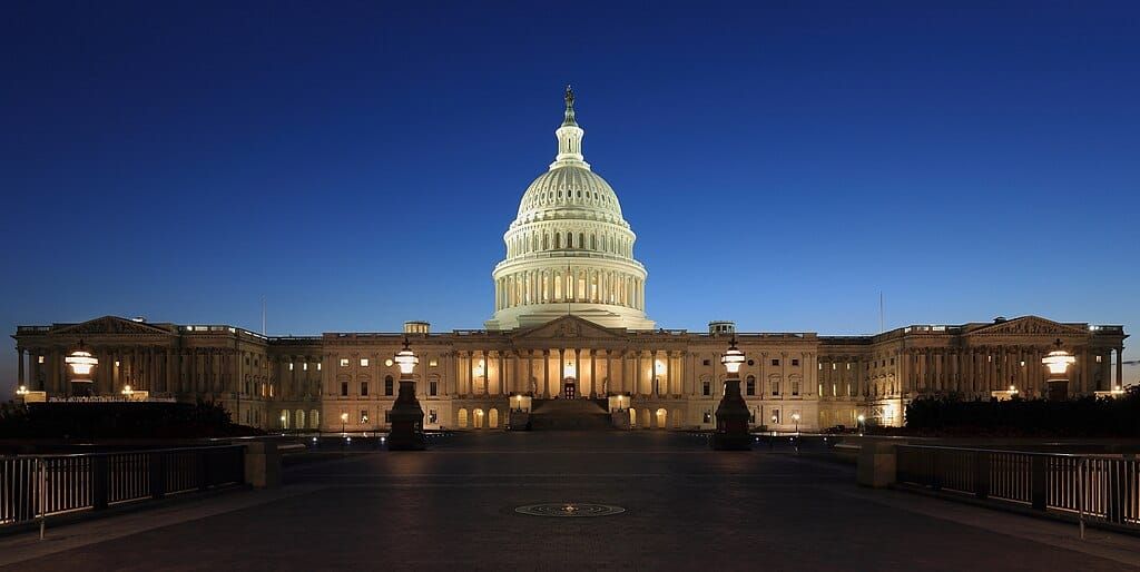 The US Capitol Building at dusk