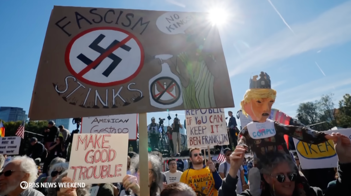 Protesters carry signs reading things like "Fascism Stinks," "No Kings," and "Make Good Trouble"