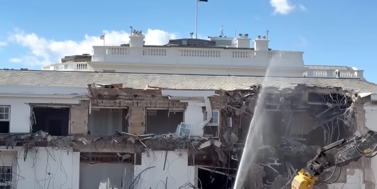 A hole in the side of the East Wing of the White House
