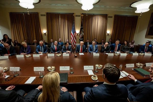 Donald Trump sits at the center of a long table, surrounded by his cabinet and other official