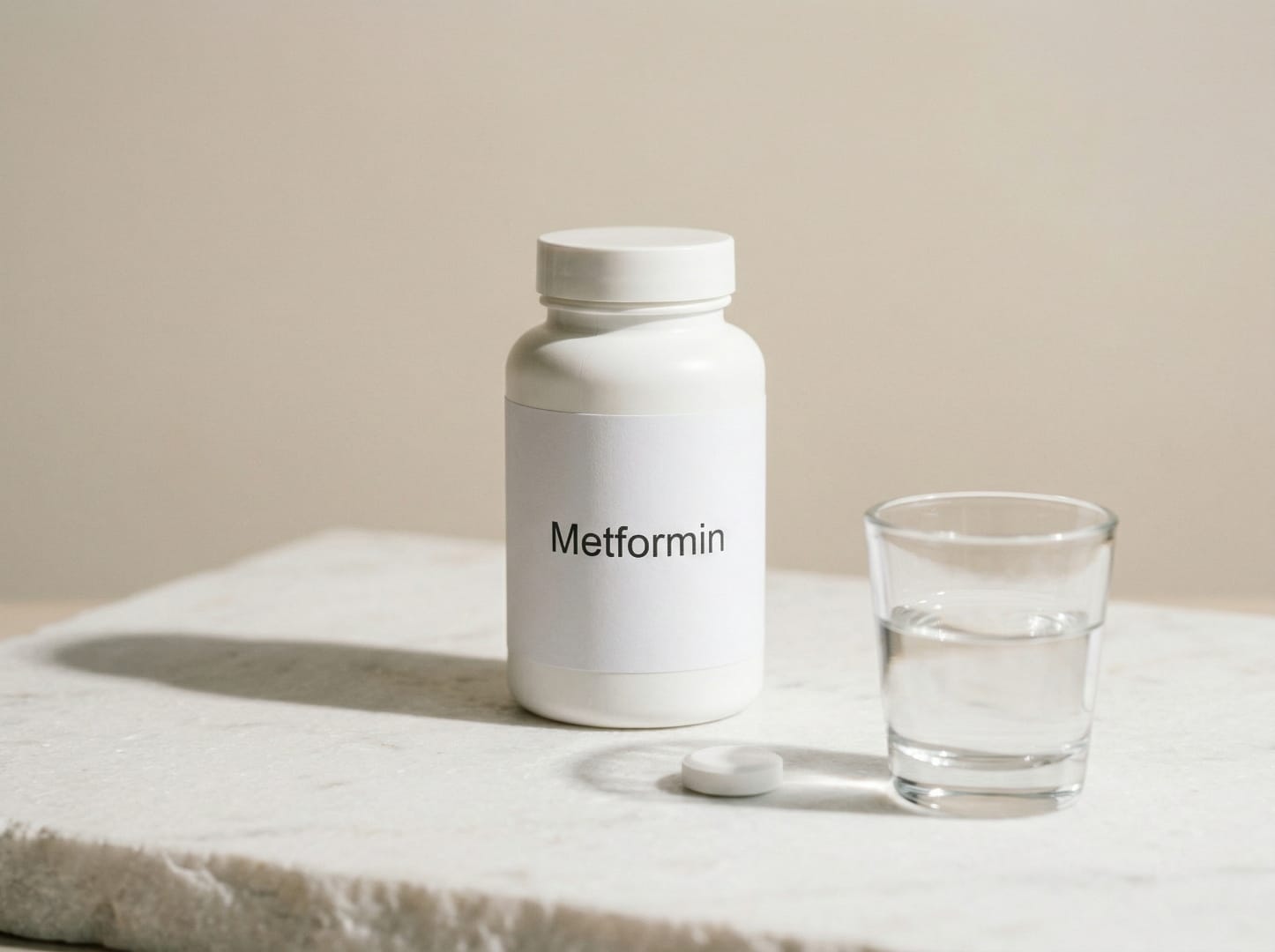 Metformin bottle with glass of water