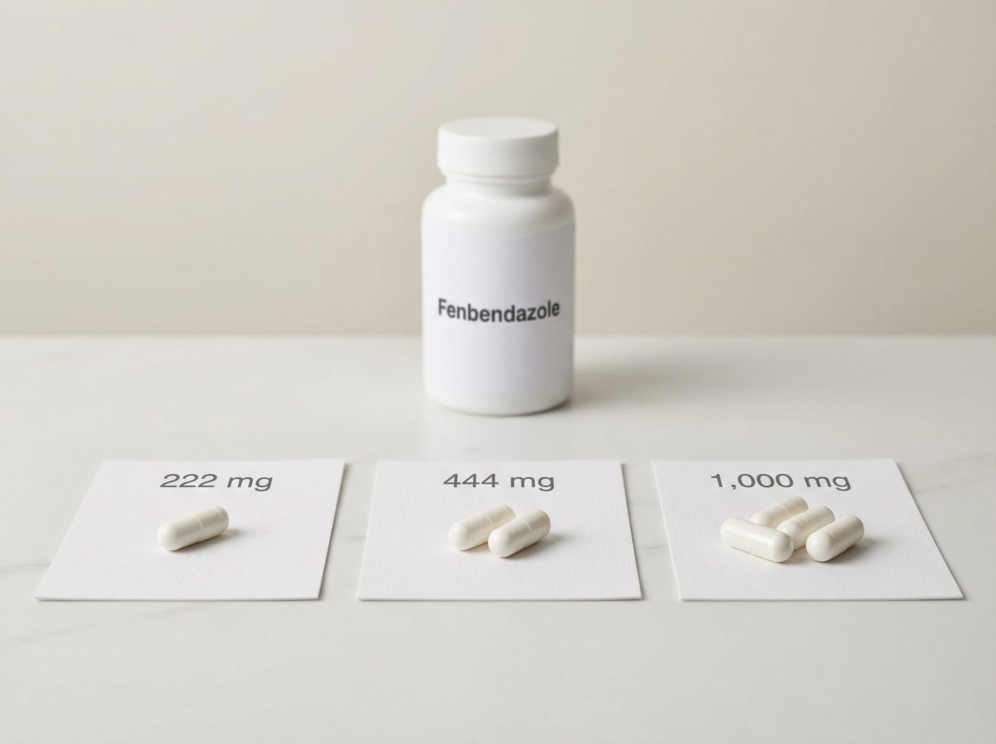 Fenbendazole dosing: 222mg, 444mg, and 1000mg capsules