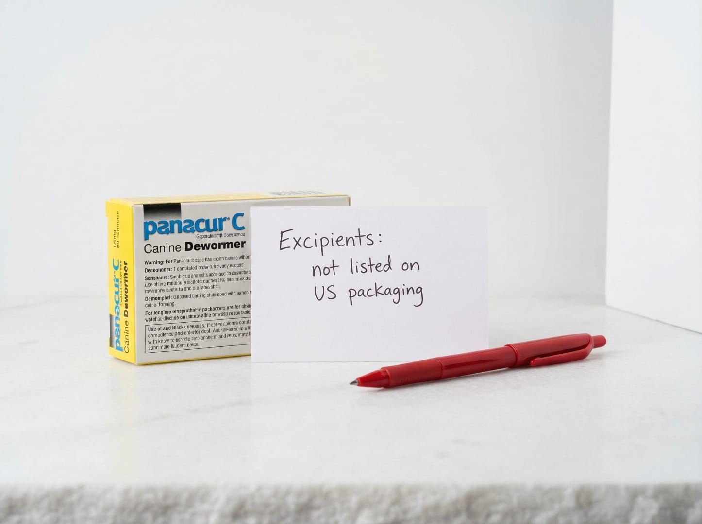 Panacur C box with note: Excipients not listed on US packaging