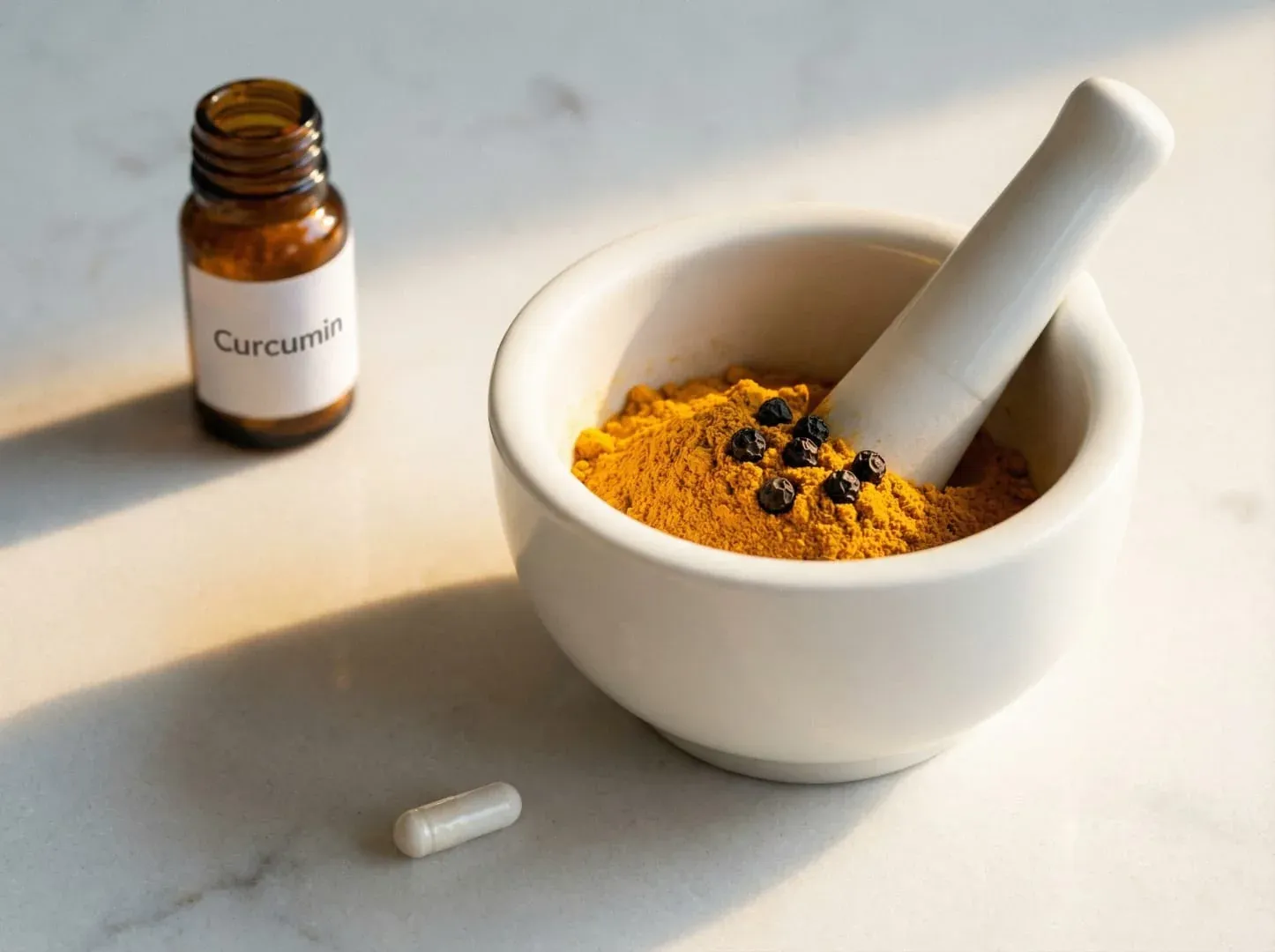 Curcumin powder with piperine in mortar and pestle