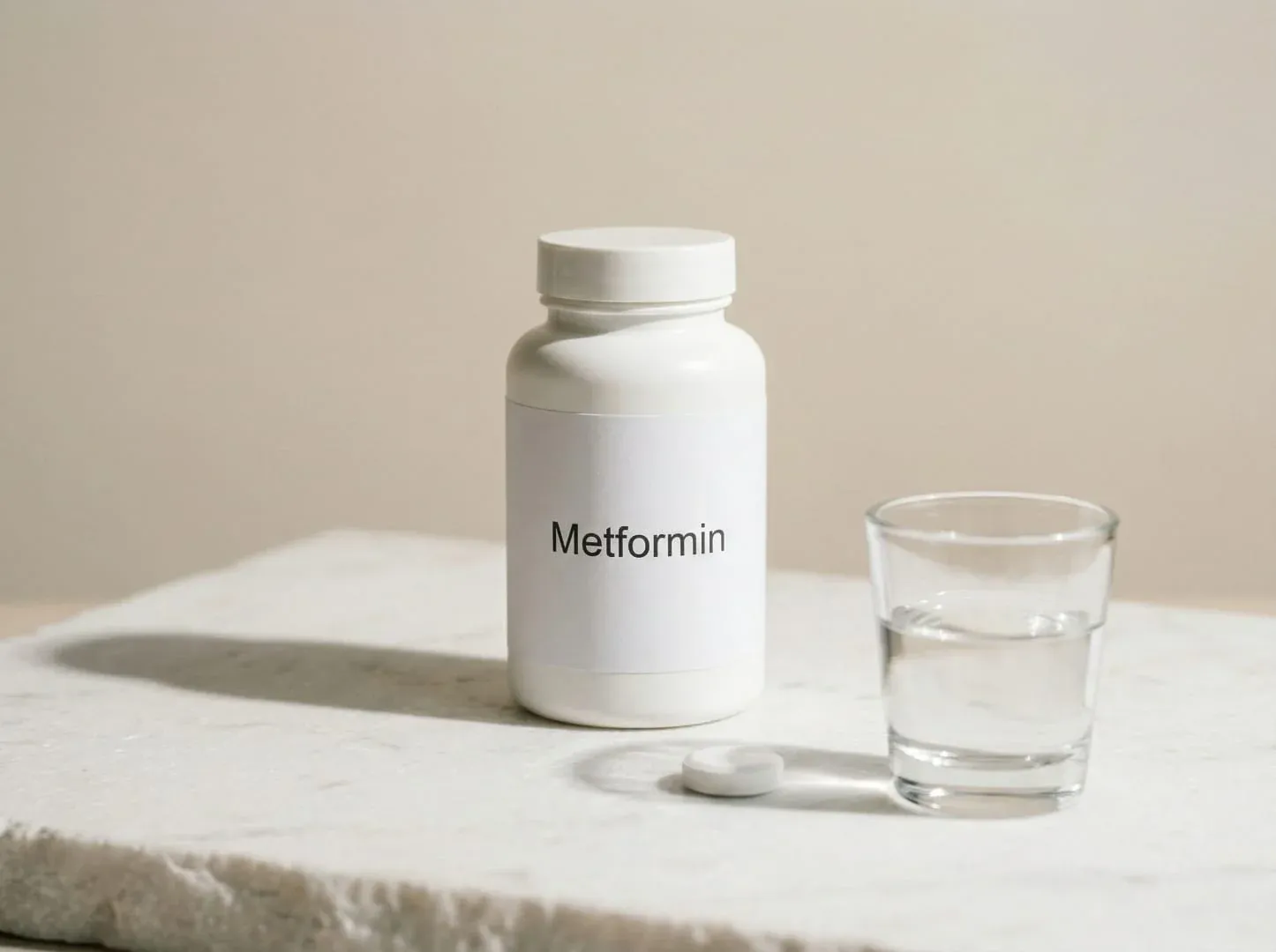 Metformin bottle with glass of water