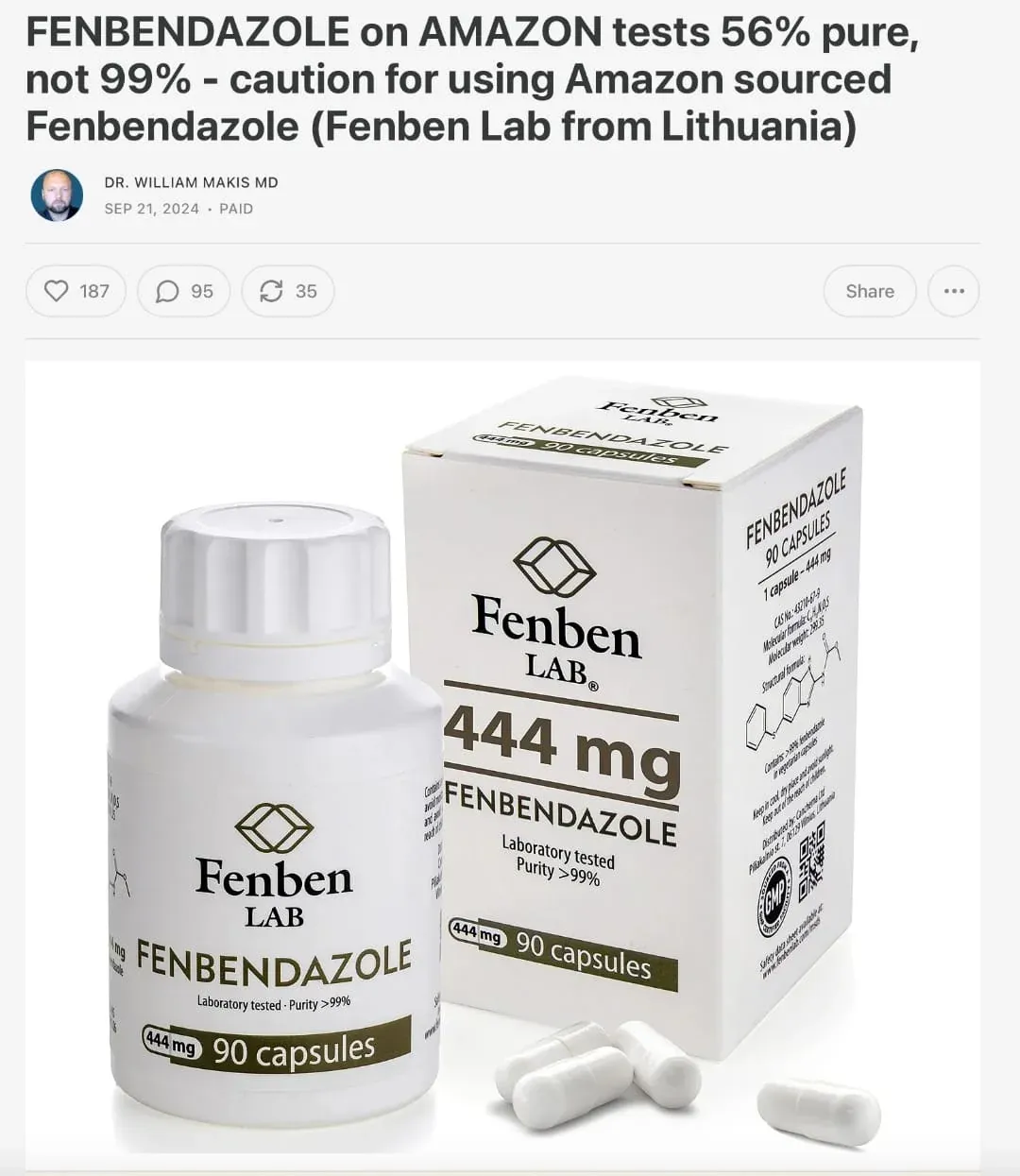 Dr. William Makis lab results showing Fenben Lab at 56% fenbendazole purity