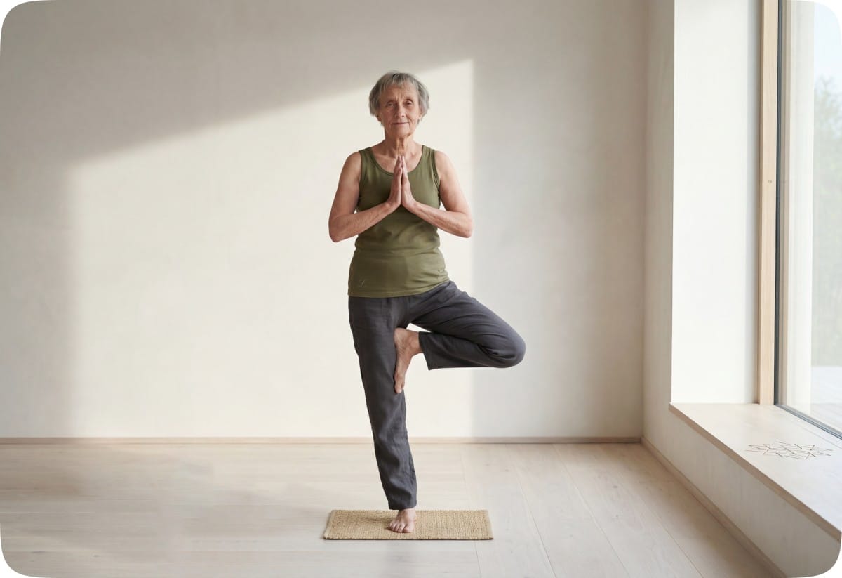 Äldre kvinna står i trädet-position på en yogamatta i ett ljust, lugnt rum