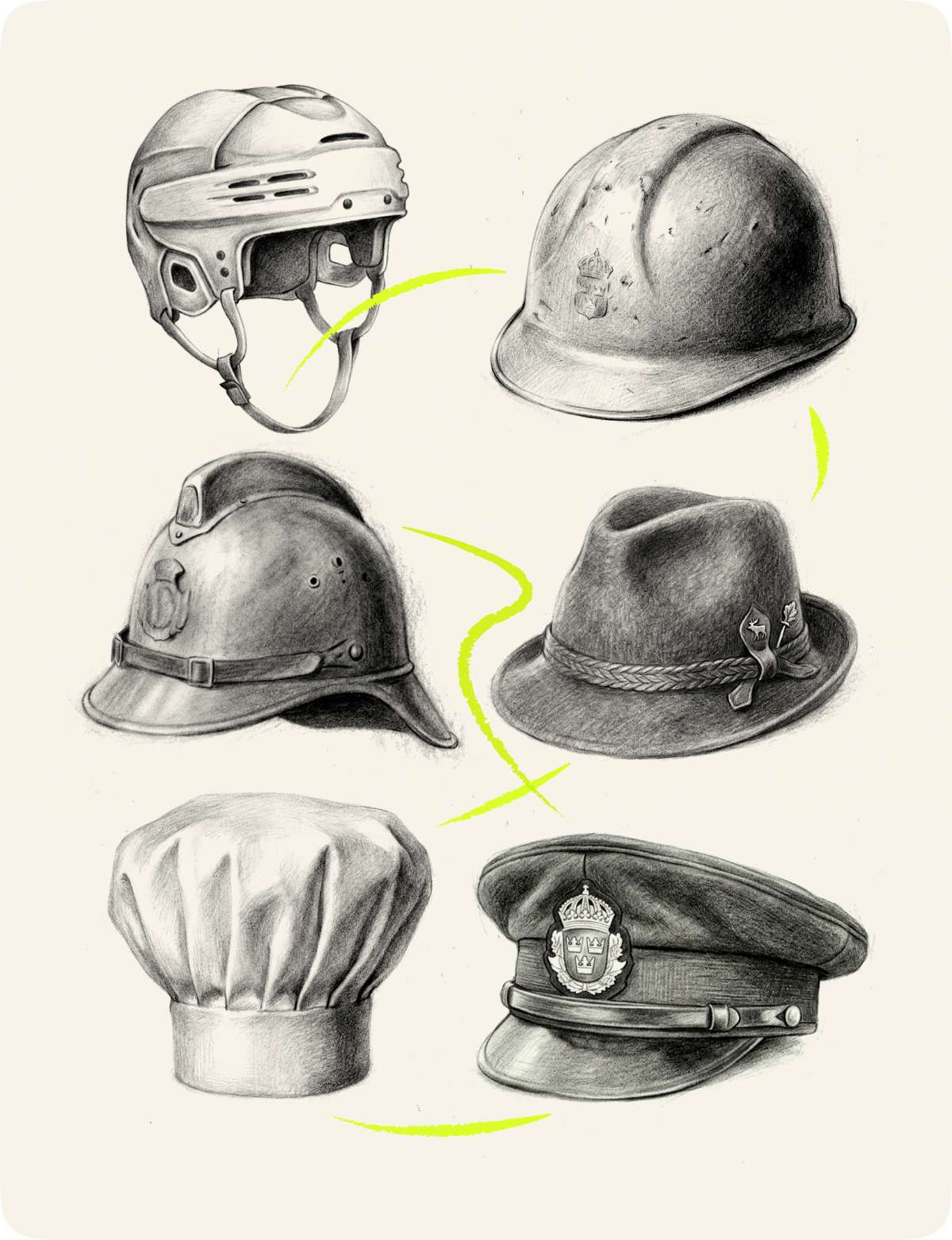 Tecknade yrkeshattar och hjälmar: ishockeyhjälm, bygghjälm, militärhjälm, filthatt, kockmössa och uniformsmössa