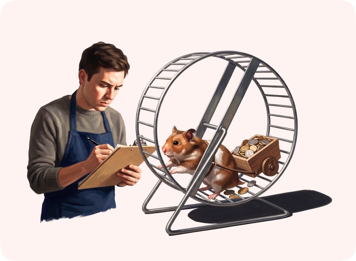 Ung man med anteckningsblock bredvid ett hamsterhjul där en hamster drar en vagn full av mynt