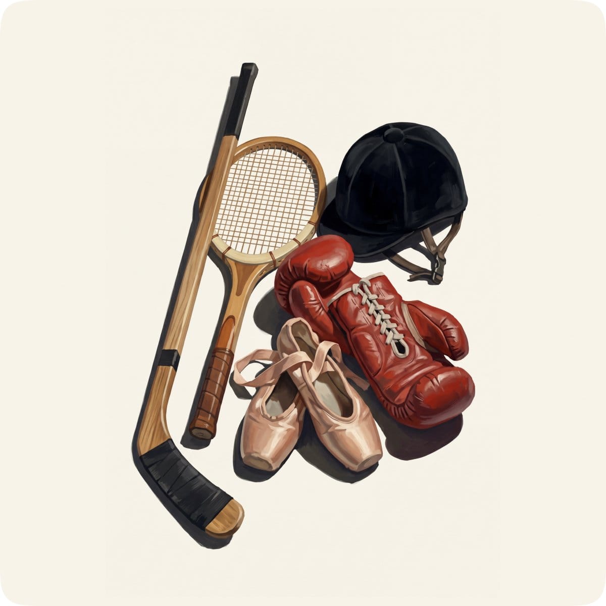 Fritidsutrustning i en hög: hockeyklubba, tennisracket, boxningshandskar, balettskor och ridhjälm