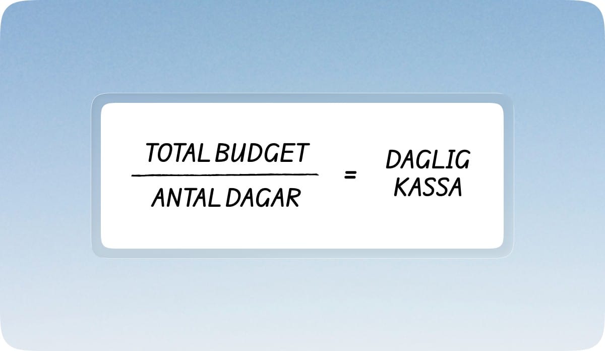 Formel: totalbudget delat med antal dagar är lika med daglig kassa