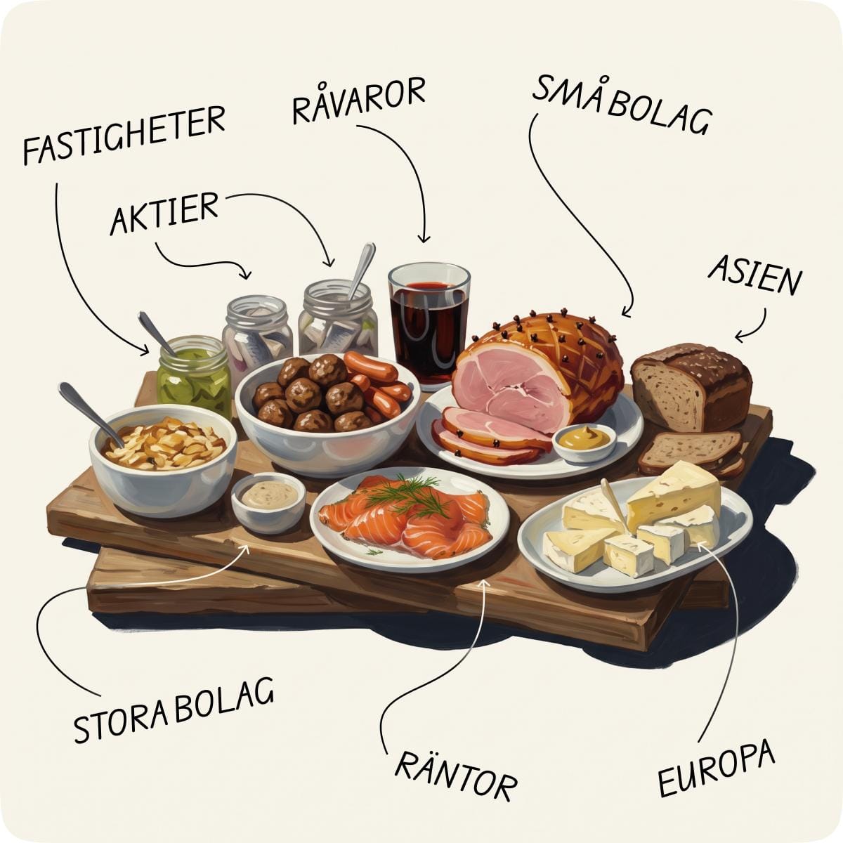 Julbord där rätterna är märkta som tillgångsslag: aktier, räntor, råvaror, fastigheter, småbolag, stora bolag, Europa och Asien