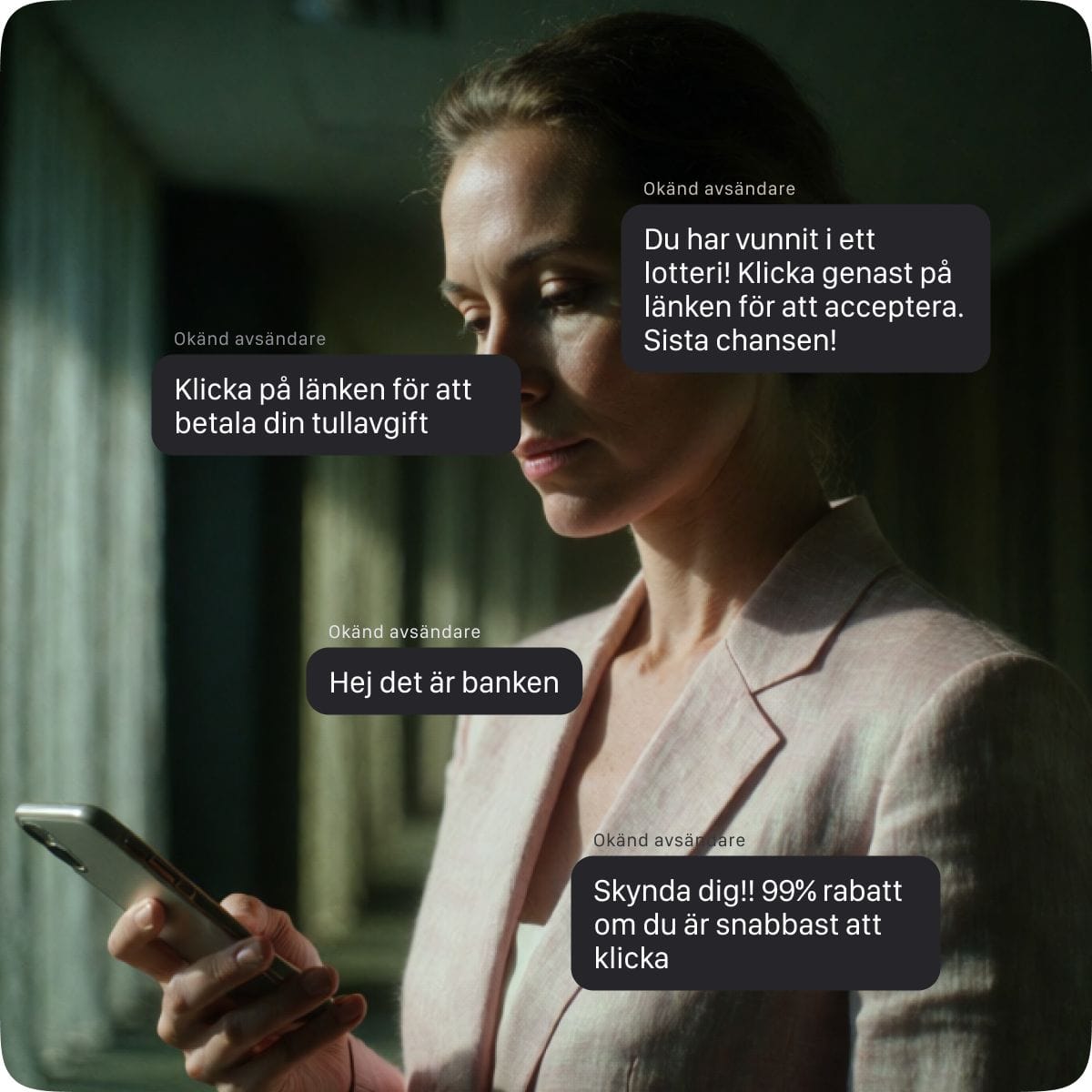 Kvinna läser mobilen omgiven av bedrägliga meddelanden som Hej det är banken och Skynda dig! 99 % rabatt