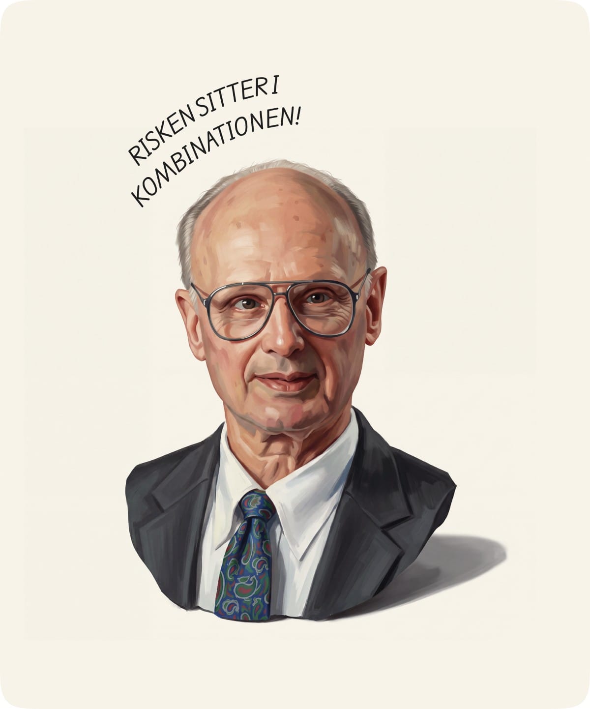 Tecknat porträtt av Harry Markowitz med texten Risken sitter i kombinationen!