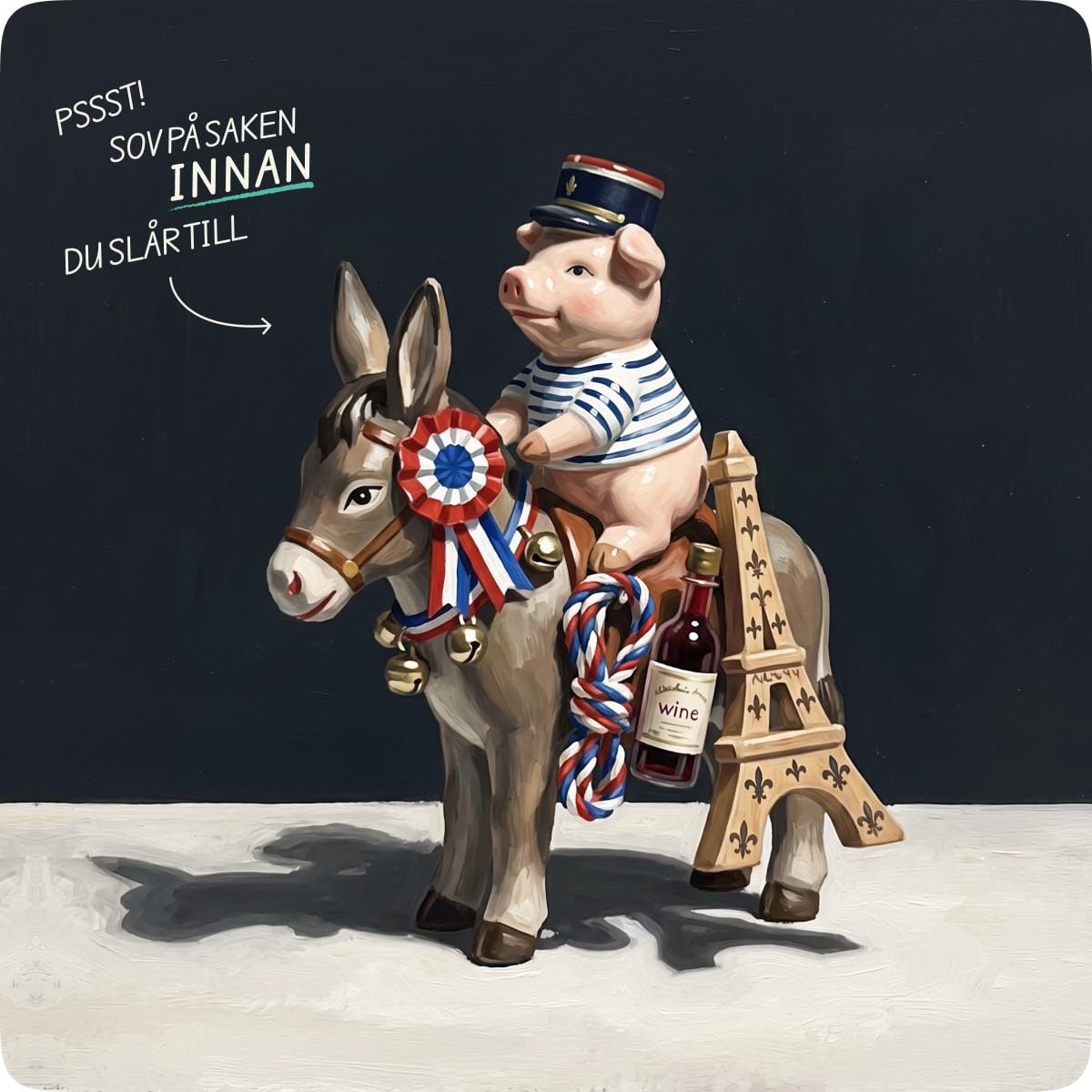 Illustration av en gris som rider på en åsna lastad med souvenirer och texten: Pssst! Sov på saken innan du slår till