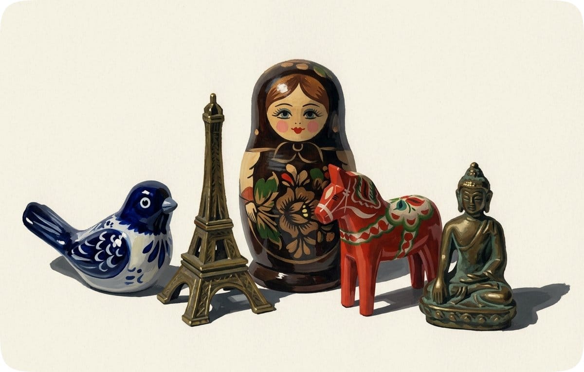 Samling souvenirer: en porslinsfågel, ett Eiffeltorn, en matrjosjka, en dalahäst och en buddhafigur